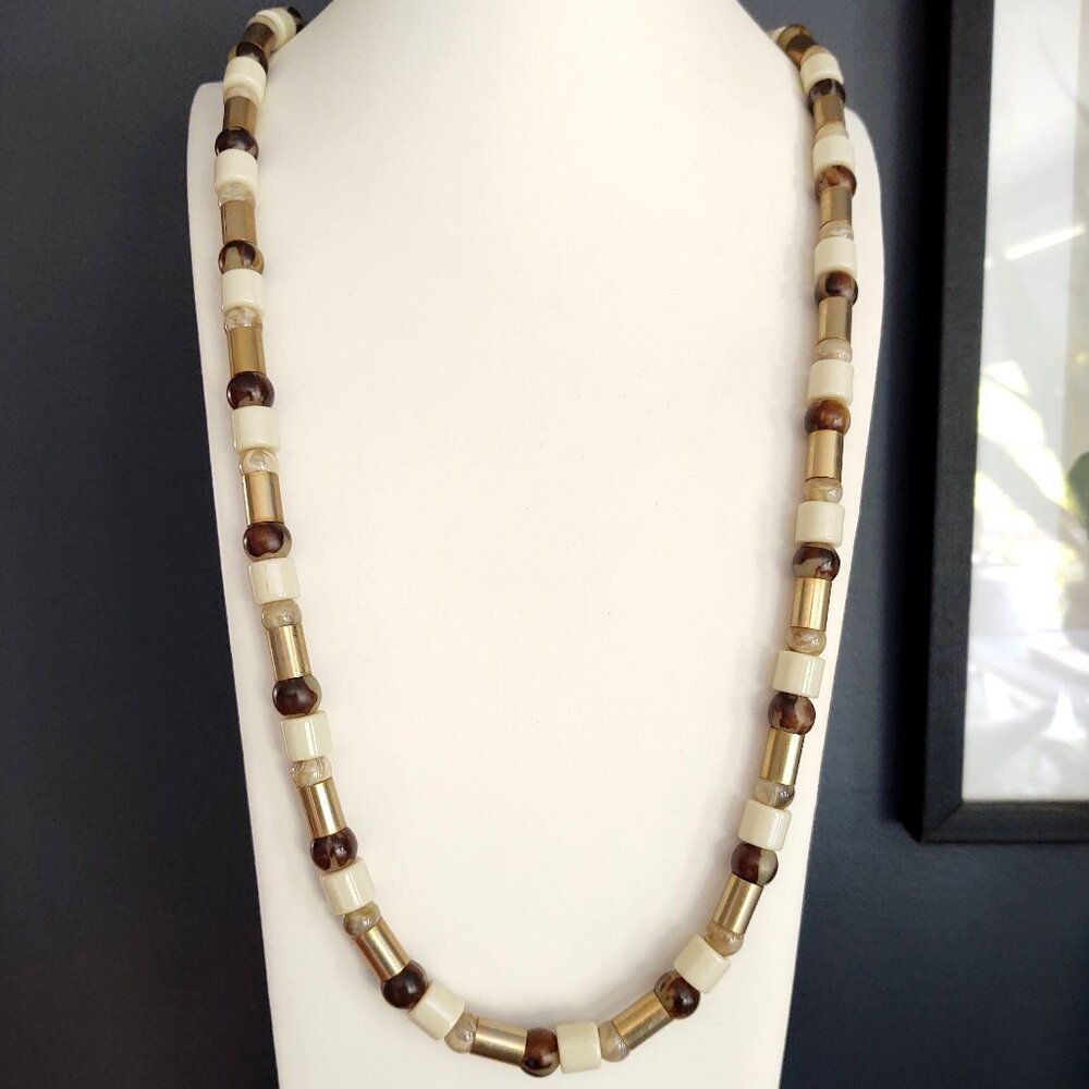 Chico's long cream, gold and brown beaded necklace